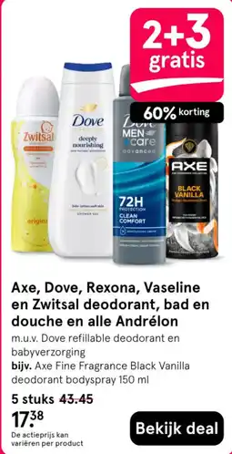 Etos Axe, Dove, Rexona, Vaseline en Zwitsal deodorant, bad en douche en alle Andrélon aanbieding