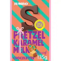 Jumbo Jumbo Chocoladeletter Melk Massief Pretzel Karamel 135 g aanbieding