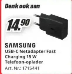 MediaMarkt Samsung USB-C Netadapter Fast Charging 15W Telefoon-oplader aanbieding
