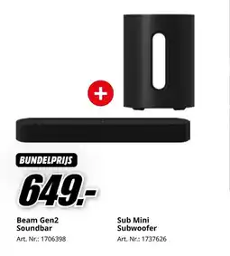 MediaMarkt Sonos beam gen2 soundbar+ Sub Mini Subwoofer aanbieding
