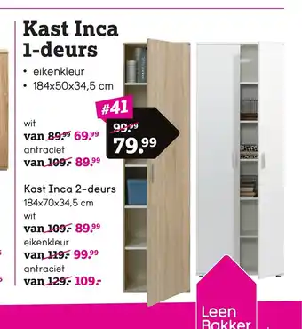 Leen Bakker Kast Inca 1-deurs 184 x 50 x 34,5 cm aanbieding