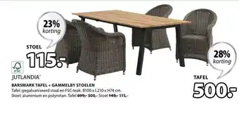 Jysk Jutlandia barsmark tafel + gammelby stoelen 23% - 28% Korting aanbieding