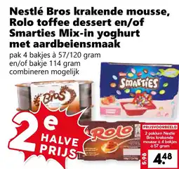 Coop Nestlé Bros krakende mousse, Rolo toffee dessert en/of Smarties Mix-in yoghurt met aardbeiensmaak aanbieding