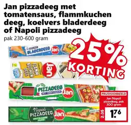 Coop Jan Pizzadeeg met Tomatensaus, Flammkuchen Deeg, Koelvers Bladerdeeg of Napoli Pizzadeeg aanbieding