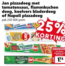Coop Jan pizzadeeg met tomatensaus, flammkuchen deeg, koelvers bladerdeeg of Napoli pizzadeeg aanbieding