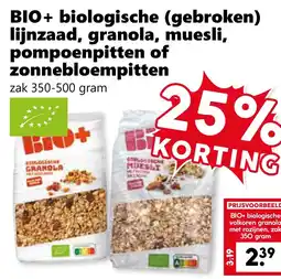 Coop BIO+ biologische (gebroken) lijnzaad, granola, muesli, pompoenpitten of zonnebloempitten aanbieding
