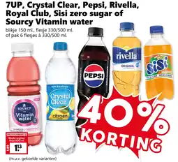 Coop 7 Up, Crystal Clear, Pepsi, Rivella, Royal Club, Sisi zero sugar of Sourcy Vitamin Water aanbieding