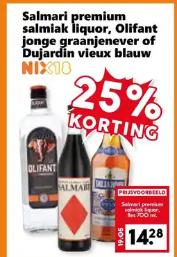 Coop Salmari premium salmiak liquor, Olifant jonge graanjenever of Dujardin vieux blauw aanbieding