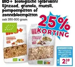 Boon`s Markt BIO+ biologische (gebroken) lijnzaad, granola, muesli. pompoenpitten of zonnebloempitten aanbieding