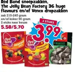Boon`s Markt Red Band snoepzakken. The Jelly Bean Factory 36 huge flavours en/of Venco dropzakken aanbieding