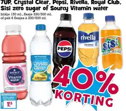 Boon`s Markt 7UP, Crystal Clear, Pepsi, Rivella, Royal Club, Sisi zero sugar of Sourcy Vitamin water aanbieding