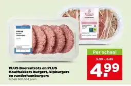PLUS Plus boerentrots en plus houthakkers burgers, kipburgers en runderhamburgers aanbieding