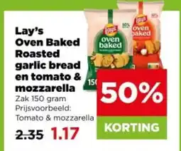 PLUS Lay's oven baked roasted garlic bread en tomato & mozzarella aanbieding