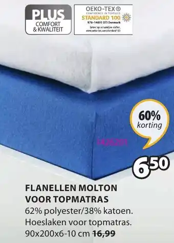 Jysk Flanellen molton voor topmatras 90x200x6-10 cm aanbieding