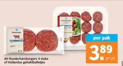 Albert Heijn AH Runderhamburgers 4 stuks of Hollandse gehaktballetjes aanbieding