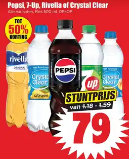 Dirk Pepsi, 7-Up, Rivella of Crystal Clear. Alle varianten. Fles 500 ml. aanbieding