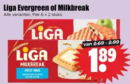 Dirk Liga Evergreen of Milkbreak Alle varianten. Pak 6 x 2 stuks. aanbieding