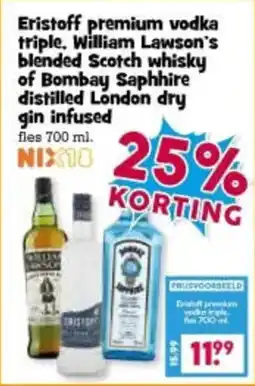 Boon`s Markt Eristoff Premium Vodka Triple, William Lawson's Blended Scotch Whisky of Bombay Saphire Distilled London Dry Gin Infused aanbieding