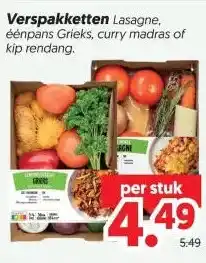 Dekamarkt Verspakketten Lasagne, éénpans Grieks, curry madras of kip rendang aanbieding