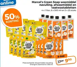 Trekpleister Marcel's Green Soap wasmiddel navulling, afwasmiddel en vaatwastabletten aanbieding