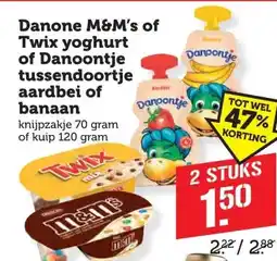 Coop Danone M&M's of Twix yoghurt of Danoontje tussendoortje aardbei of banaan aanbieding