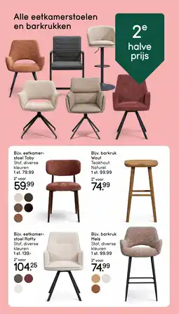 Leen Bakker Alle eetkamerstoelen en barkrukken 2e halve prijs aanbieding