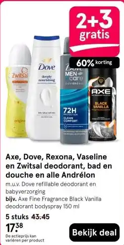 Etos Axe dove rexona vaseline en zwitsal deodorant bad en douche en alle andrélon aanbieding