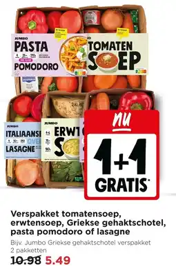 Jumbo Verspakket tomatensoep, erwtensoep, Griekse gehaktschotel, pasta pomodoro of lasagne aanbieding