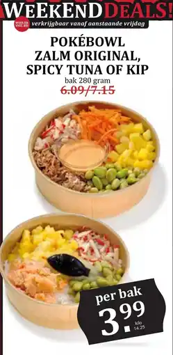 De Boerenschuur Pokébowl zalm original, spicy tuna of kip aanbieding