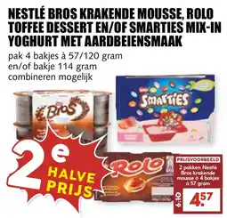 De Boerenschuur Nestlé Bros krakende mousse, Rolo toffee dessert en/of Smarties mix-in yoghurt met aardbeiensmaak aanbieding