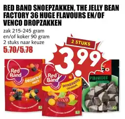 De Boerenschuur Red Band snoepzakken, the jelly bean factory 36 huge flavours en/of venco dropzakken aanbieding