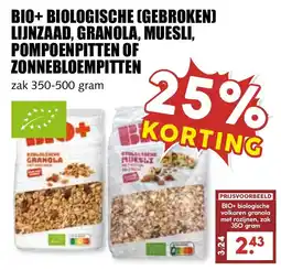 De Boerenschuur bio+ biologische (gebroken) lijnzaad, granola, muesli, pompoenpitten of zonnebloempitten aanbieding