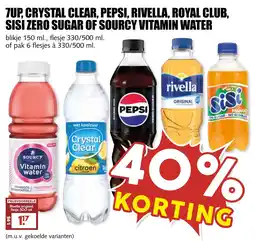 De Boerenschuur 7up, crystal clear, pepsi, rivella, royal club, sisi zero sugar of sourcy vitamin water aanbieding