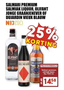 De Boerenschuur salmari premium salmiak liquor, olifant jonge graanjenever of dujardin vieux blauw aanbieding