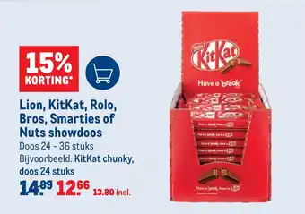 Makro Lion, kitKat, rolo, bros, smarties of nuts showdoos aanbieding