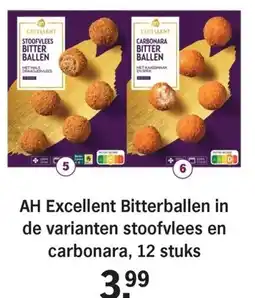 Albert Heijn AH Excellent Bitterballen in de varianten stoofvlees en carbonara aanbieding