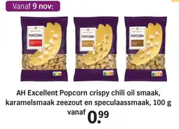 Albert Heijn AH Excellent Popcorn crispy chili oil smaak, karamelsmaak zeezout en speculaassmaak, aanbieding