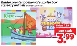 Dekamarkt Kinder prentenboeken of surprise box squeezey animals aanbieding
