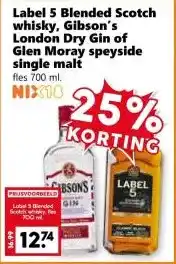 Coop Label 5 Blended Scotch whisky, Gibson's London Dry Gin of Glen Moray speyside single malt aanbieding