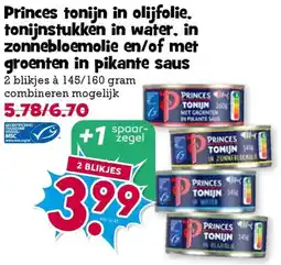 Boon`s Markt Princes tonijn in olijfolie. tonijnstukken in water, in zonnebloemolie en/of met groenten in pikante saus aanbieding