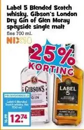Boon`s Markt Label 5 Blended Scotch whisky, Gibson's London Dry Gin of Glen Moray speyside single malt aanbieding