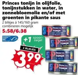Coop Princes tonijn in olijfolie, tonijnstukken in water, in zonnebloemolie en/of met groenten in pikante saus aanbieding