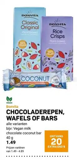 Ekoplaza Bonvita chocoladerepen, wafels of bars aanbieding