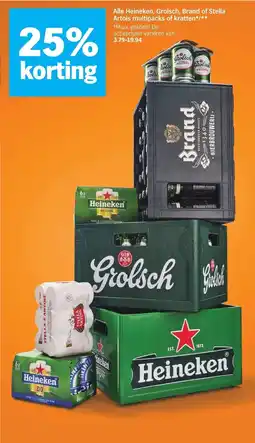 Albert Heijn Alle Heineken, Grolsch, Brand of Stella Artois multipacks of kratten aanbieding