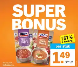 Albert Heijn Unox soep in zak romige of chinese tomatensoep aanbieding