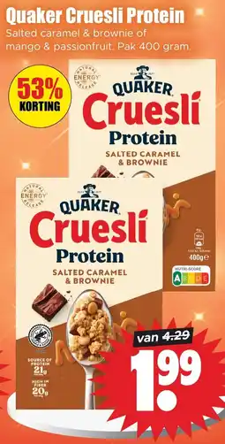 Dirk Quaker Cruesli Protein Salted caramel & brownie of mango & passionfruit. Pak 400 gram. aanbieding