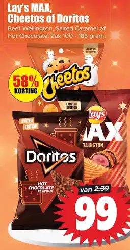 Dirk Lay's MAX, Cheetos of Doritos Beef Wellington, Salted Caramel of Hot Chocolate. Zak 100 - 185 gram. aanbieding