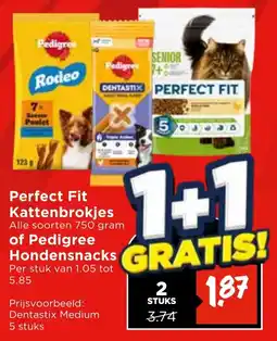 Vomar Voordeelmarkt Alle Perfect Fit Kattenbrokjes of Pedigree Hondensnacks aanbieding