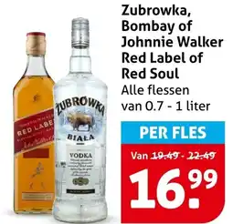 Hoogvliet Zubrowka Bombay of Johnnie Walker Red Label of Red Soul aanbieding