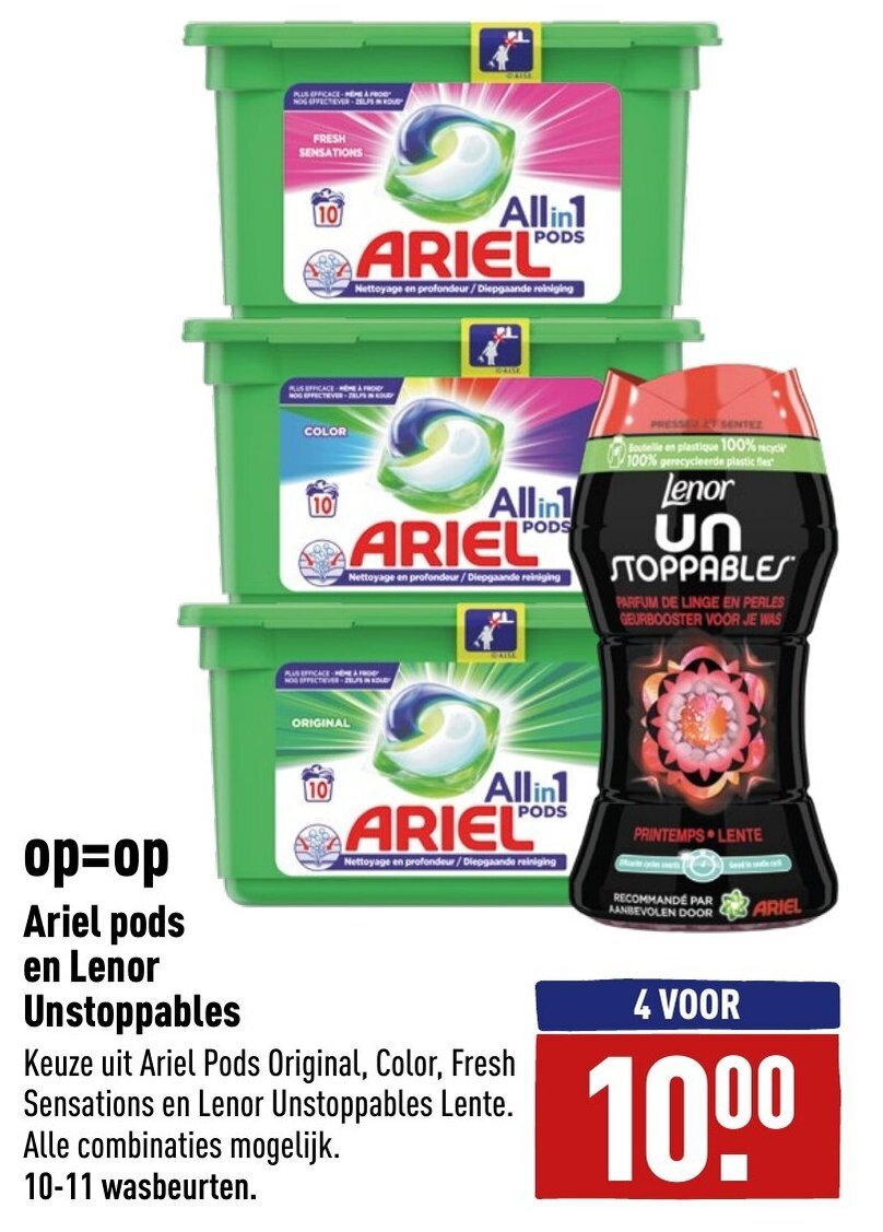 Ariel pods en Lenor Unstoppables aanbieding bij ALDI